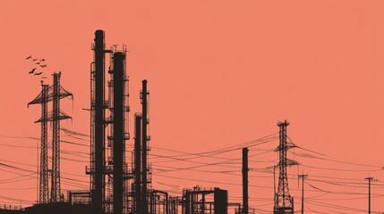 Industrial plant silhouette at sunset, energy production, power lines