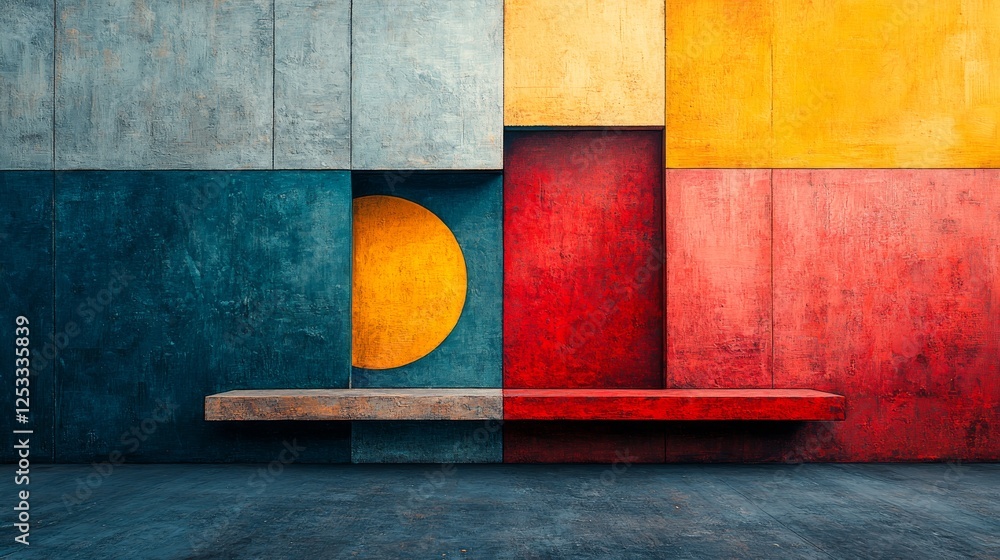 Poster harmonic abstraction, a symphony of geometric forms and textural hues in a minimalist composition