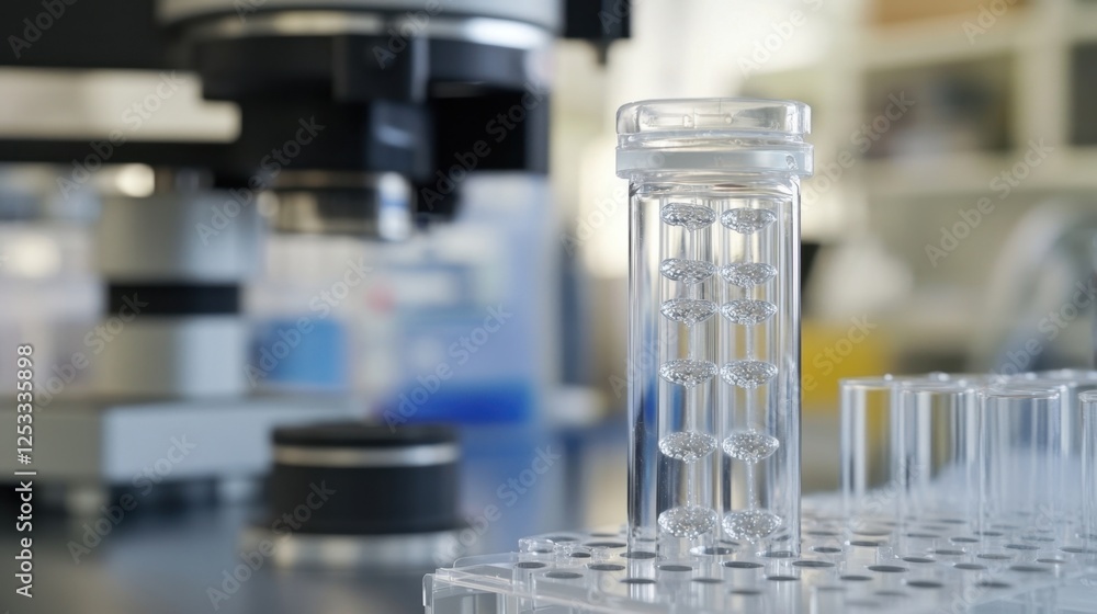 Poster close up of a scientific laboratory setup featuring a microscope and a rack of test tubes, highlight