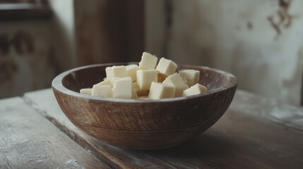 Smooth, golden butter cubes rest neatly in a charming wooden bowl, adding a touch of rustic warmth to the textured wooden table.