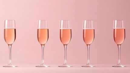 A serene display of five elegant glasses filled with pink champagne against a soft pink backdrop, evoking celebration and sophistication.