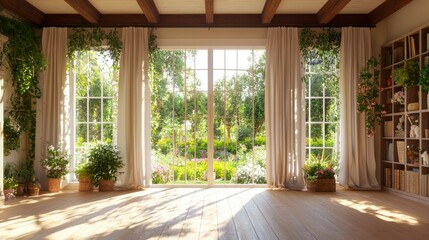 Sunlit room with garden view.  Interior design