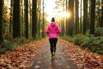 Obraz premium Woman in Pink Jacket Jogging Amidst Autumn Forest Trail