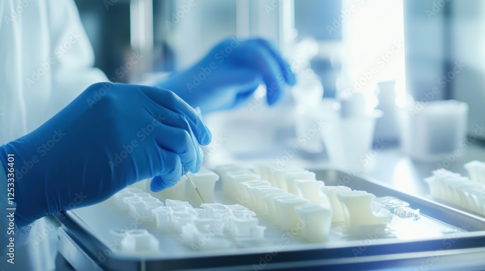 Poster gloved hands of a scientist meticulously handling samples in a laboratory setting, focusing on preci