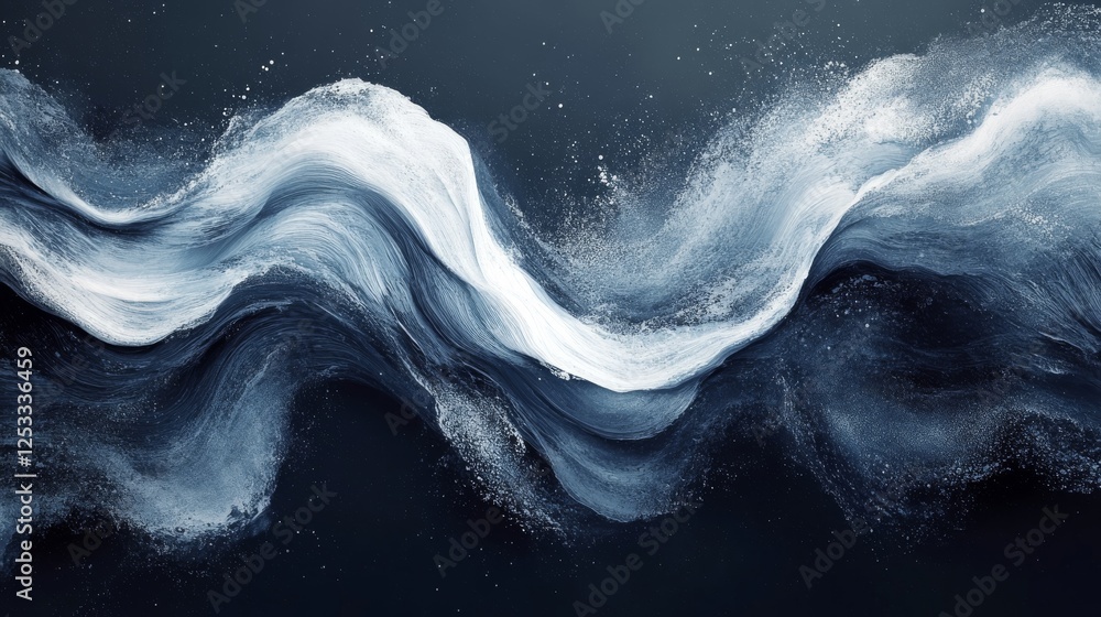 Poster abstract wave, dynamic blue and white fluid art with sparkling elements