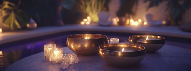 Close-up of a modern meditation room with singing bowls, candles, and crystals, featuring soft lighting and a calming atmosphere, ideal for wellness, spa, yoga, and interior design concepts.