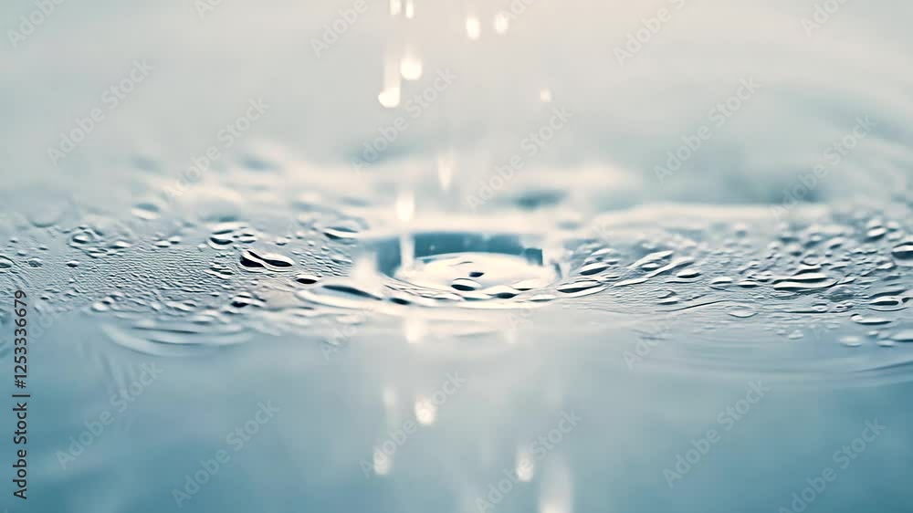 Poster Raindrops create ripples on a serene surface in a quiet setting