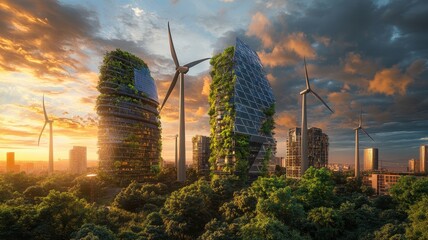 Futuristic eco-friendly cityscape with green architecture and wind turbines