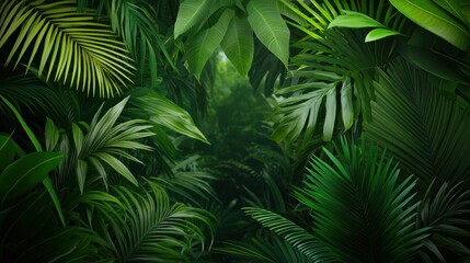 Naklejka premium Lush Green Tropical Foliage Background with Dense Palm Leaves