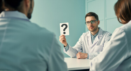 Scientists collaborate in a brainstorming session, exploring questions and ideas in a modern laboratory setting