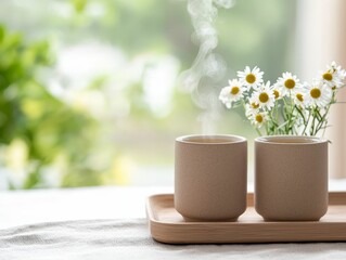 Two steaming cups on a wooden tray, accompanied by a vase of daisies, set against a blurred green background, creating a serene and cozy ambiance.