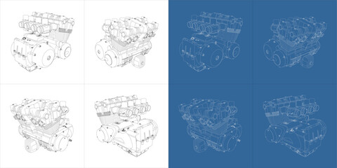 set Technical Line Drawing of a 750cc 4-Cylinder Motorcycle Engine in Multiple Perspectives