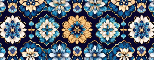 Seamless pattern of intricate Middle Eastern tile designs in blue and gold, luxurious and ornate