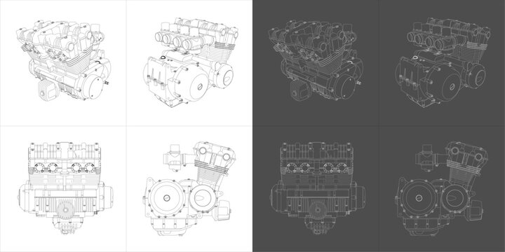 Set Detailed Line drawing of a 750cc 4-Cylinder Motorcycle Engine with Technical Blueprint Views