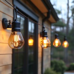 Decorative Outdoor Lighting with Vintage Bulbs on a Siding Wall