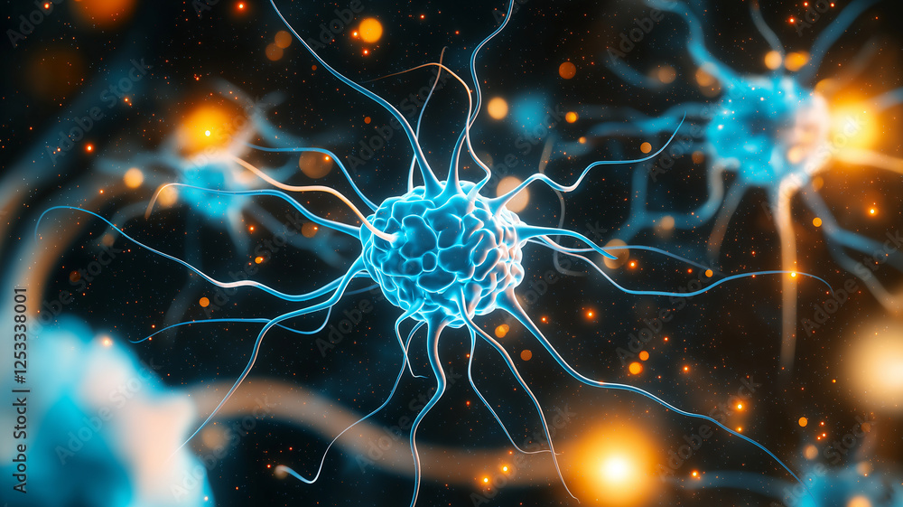 Poster glowing blue neural network with intricate connections and bright particles, representing advanced t