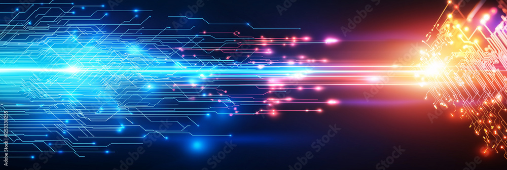 Poster abstract circuit board background with blue and red lines, glowing lights, and digital patterns crea