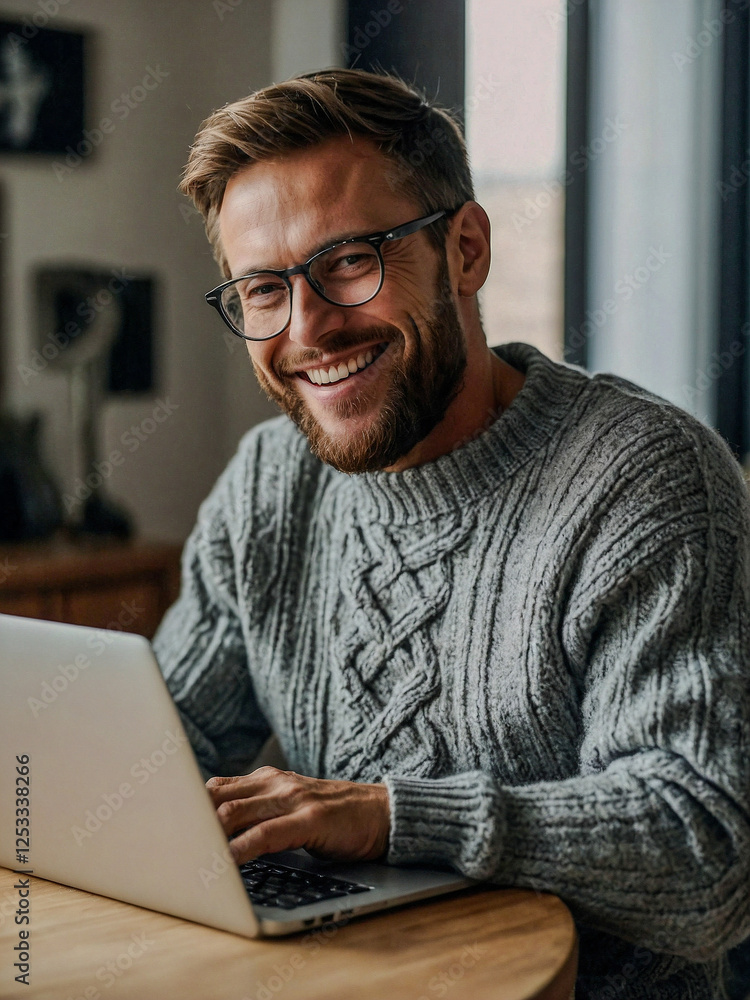 Poster smiling man in a sweater using a laptop at home.