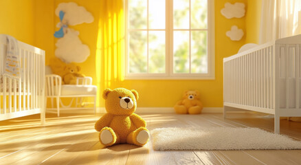 A cheerful nursery room bathed in yellow light showcases two cribs and a friendly teddy bear, creating a welcoming atmosphere for children