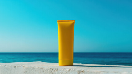 A yellow sunscreen tube sits on a sandy surface, surrounded by the bright blue ocean and clear sky, perfect for sun protection on a beach day