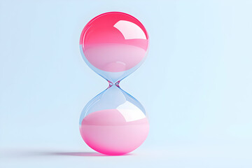 Pink hourglass on light blue background. Time concept, website banner