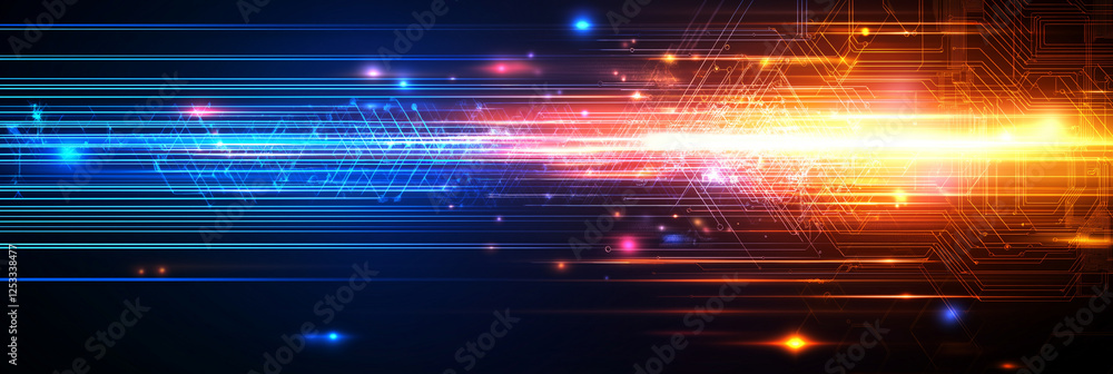 Poster vibrant abstract background featuring blue and orange lines with glowing effects, representing techn