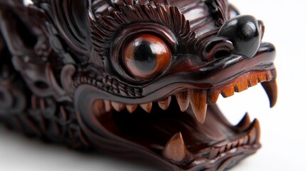 Naklejka premium Intricate Carved Wooden Barong Mask: A Balinese Masterpiece