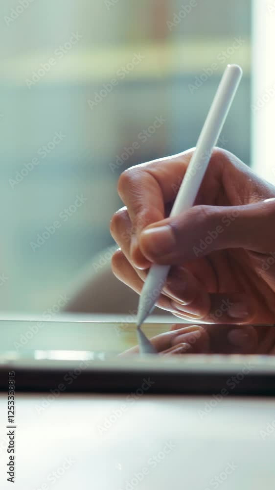 Poster pen, tablet and hands of employee for signature, digital contract and online project in office. corp