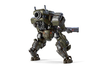 Rear view sci-fi mech soldier stands in an attack pose holding an assault rifle with both hands. Big military robot warrior in heavy green, gray scratched metal armor. 3d render on white background.