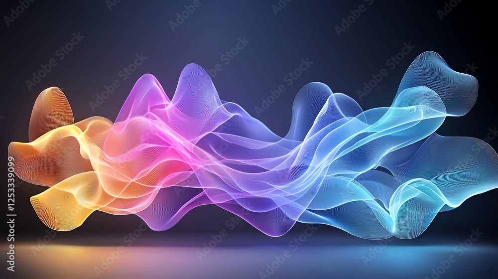 Poster abstract vibrant wave pattern with multicolored glowing lines on a dark background, perfect for crea