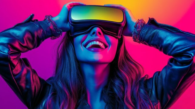 A person wearing VR glasses against a simple and stylish background, ideal for fashion technology and product advertising, showcasing modern innovation.