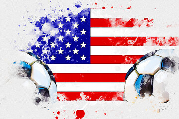 united states of america Grunge American football and soccer poster with USA flag, ball, and competition elements in 3D illustration style