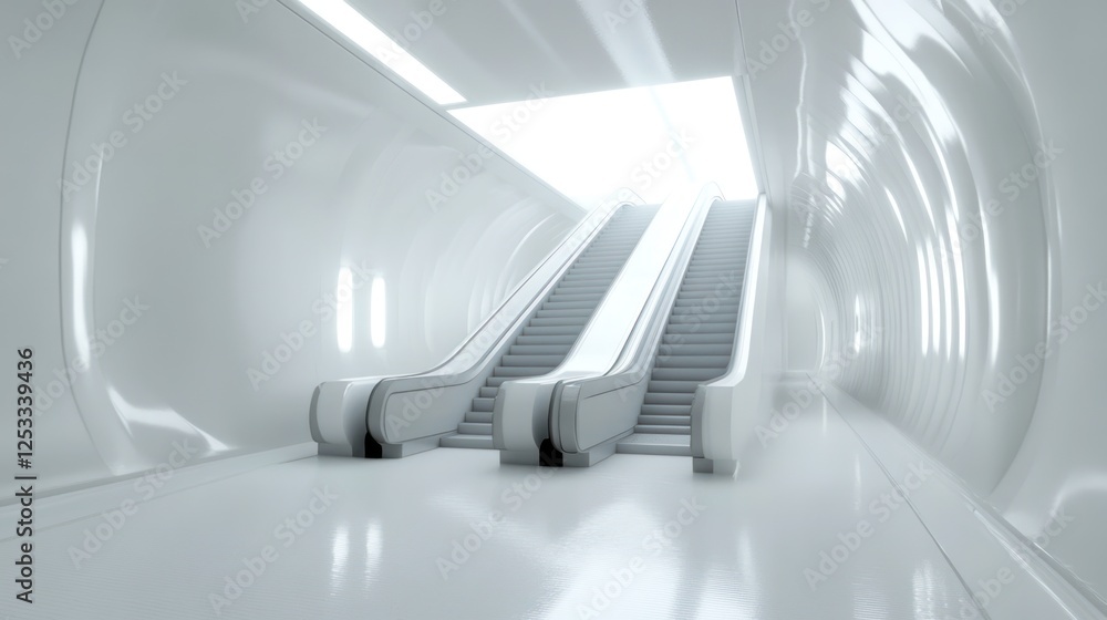 Poster 3d render of an empty white subway with an gray escalator going up