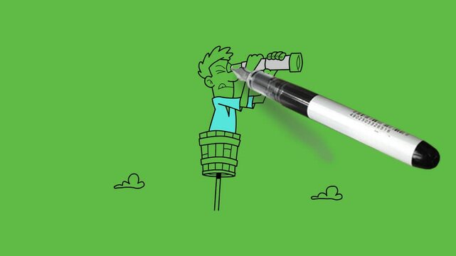 draw young man stand on pillar see far through telescope hold in both hands with black outline on abstract green screen background   
