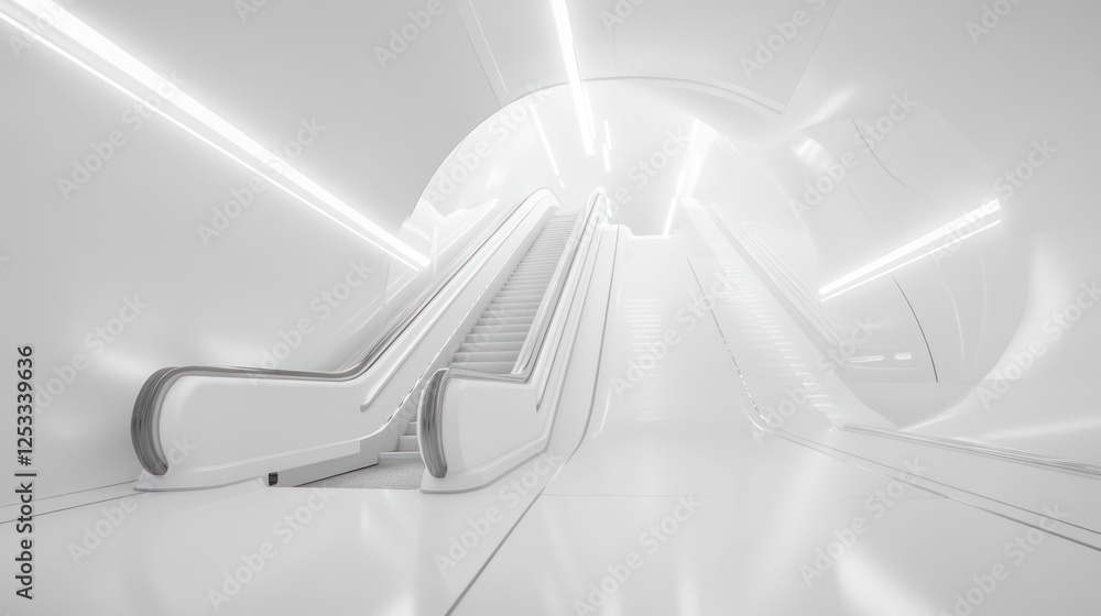 Poster 3d render of an empty white subway with an gray escalator going up