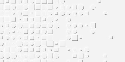 Grid of randomly scaled white cylinders and boxes fading out geometry background wallpaper banner, flat lay top view from above