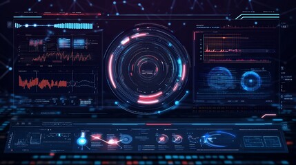 Fototapeta premium Futuristic digital interface with data visualizations and glowing elements on a dark background