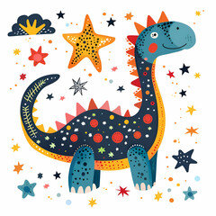 Cute Dinosaur in a Starry Night Sky. Childrens Illustration