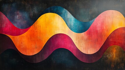 Harmonious Wavelengths, A vibrant abstract painting featuring undulating colorful bands against a textured dark backdrop