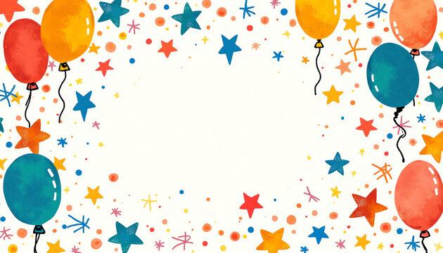 Festive Celebration Border with Colorful Balloons, Stars, and Confetti Design