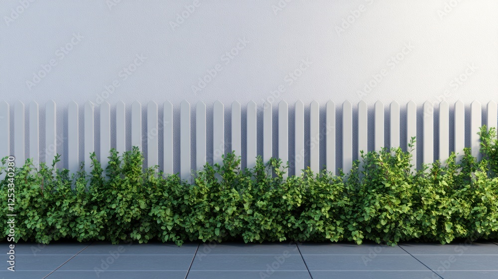 Poster 3d rendering of a grey picket fence with green bushes on the bottom and sides. the scene is set in a