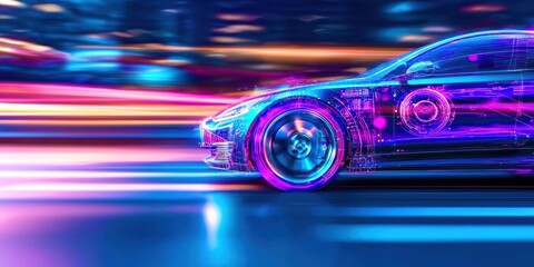 Fototapeta premium Car is shown in a blurry image with a purple wheel