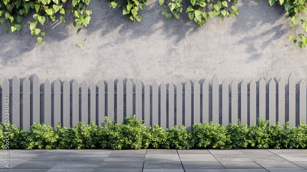 Poster 3d rendering of a grey picket fence with green bushes on the bottom and sides. the scene is set in a