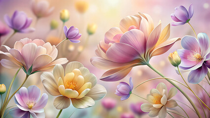 Fototapeta premium Watercolor spring floral background, soft pastel blooms in vibrant pink, yellow, and lavender, fresh and uplifting with copy space 