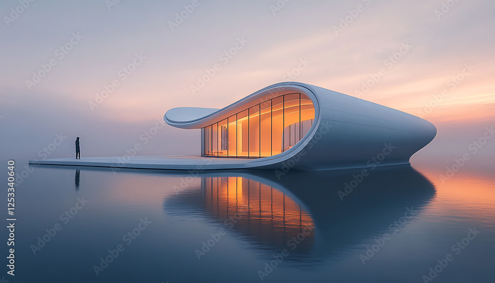 Poster minimalist building with unique wave like design, reflecting on water at sunset. structure features 