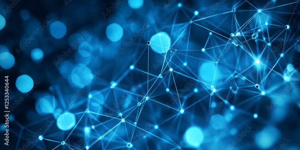 Poster abstract network structure, blue interconnected nodes and lines on a dark background, bokeh effect