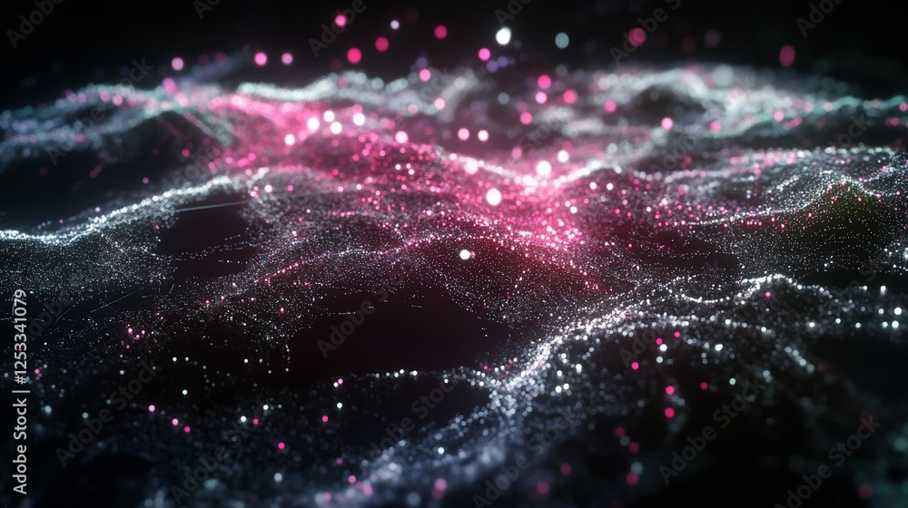 Poster abstract digital network with pink and white particle dots on a black background, forming a textured