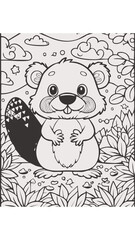 Cute Beaver Mammal Coloring Kid Book Page in Black and White. Monochrome and Colored Samples
