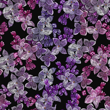 Embroidery blossoming lilac flowers seamless pattern. Spring floral art. Fashion template for clothes, textiles, t-shirt design