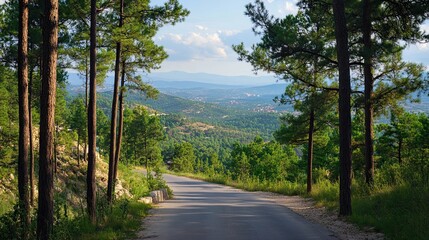 Obraz premium A scenic view of a winding road lined with tall trees, leading to a beautiful viewpoint overlooking a valley